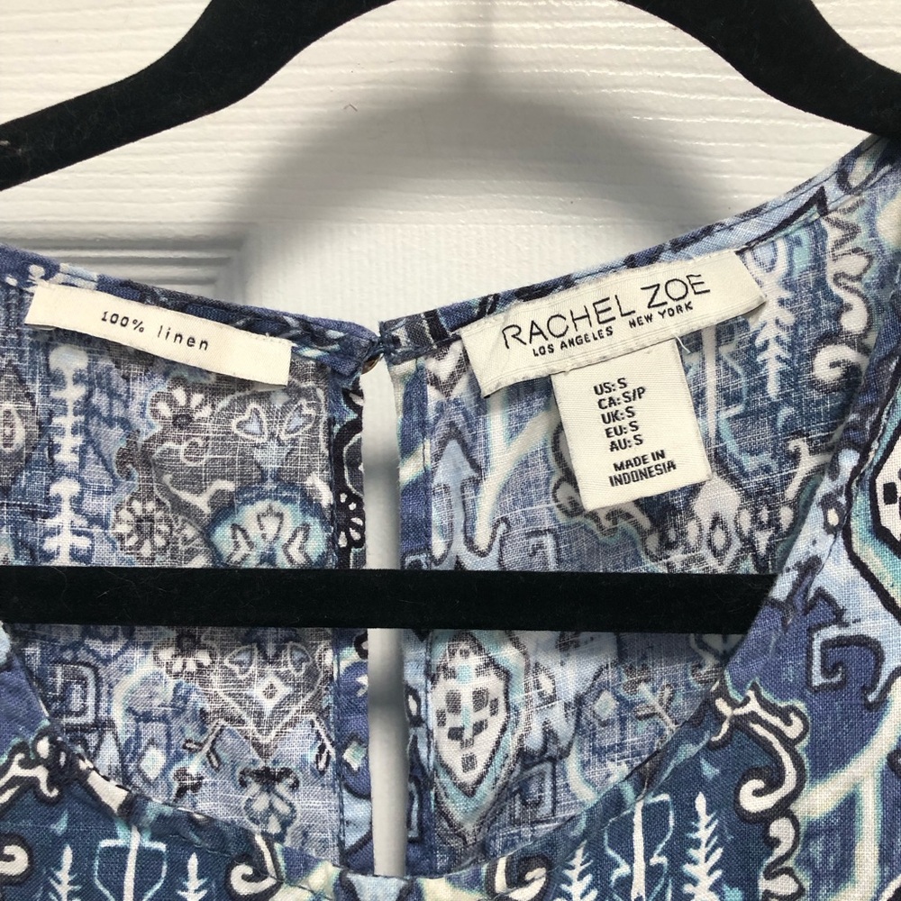 Rachel Zoe 100% linen summer casual blue tribal ikat print tank dress size S - Picture 3 of 11